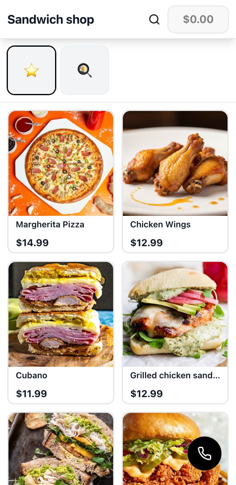 The same restaurant menu on a phone, with a button to call the AI phone agent